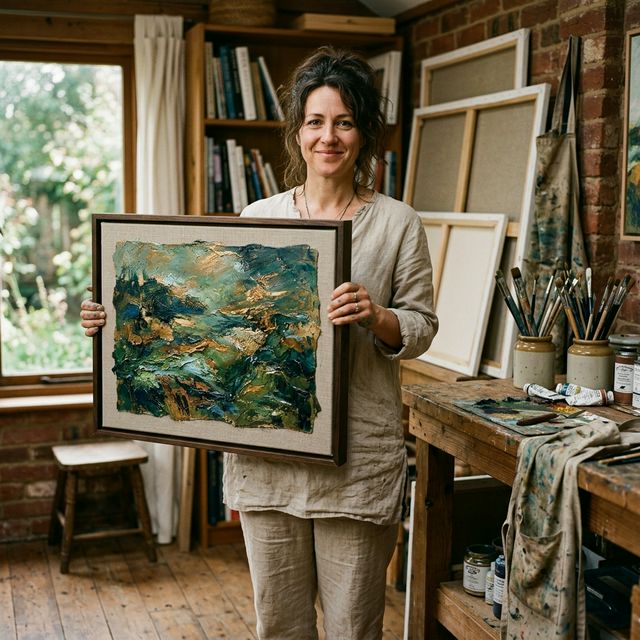 Artist in studio holding finished artwork