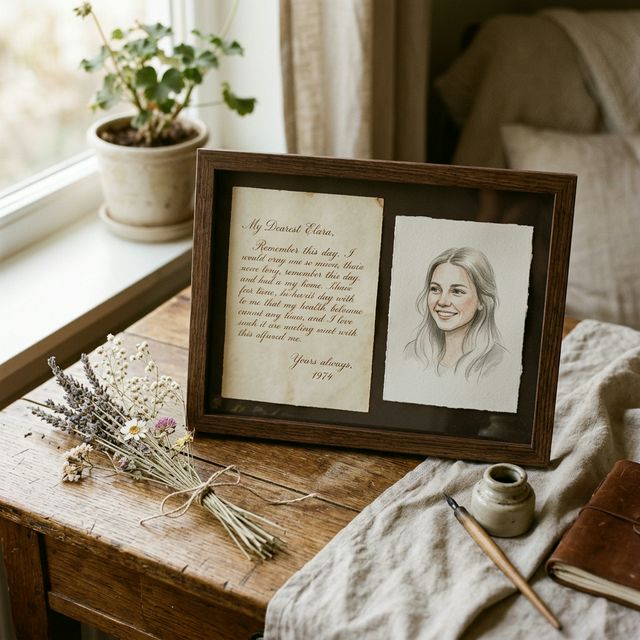Framed letter and portrait illustration preserving memory