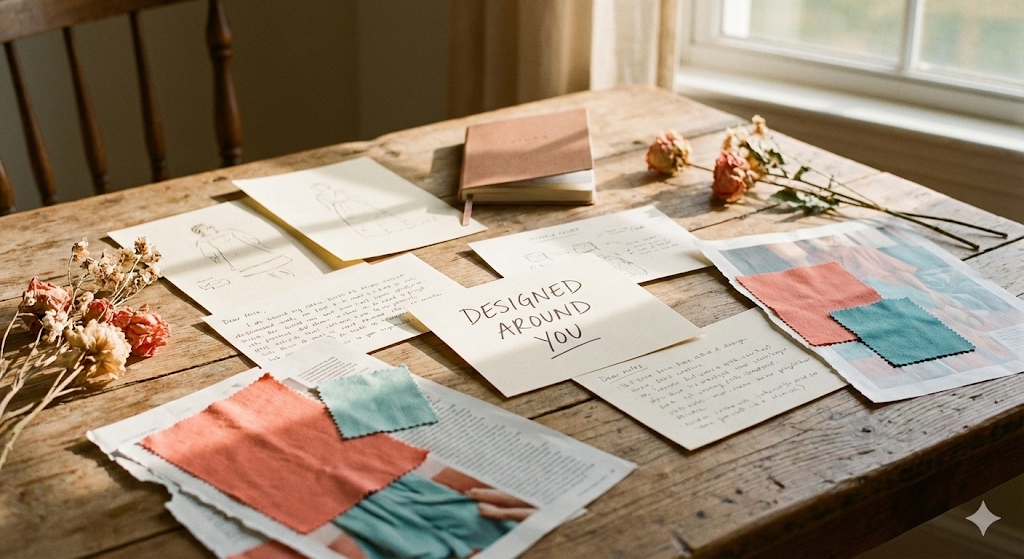 Design sketches and fabric swatches on table