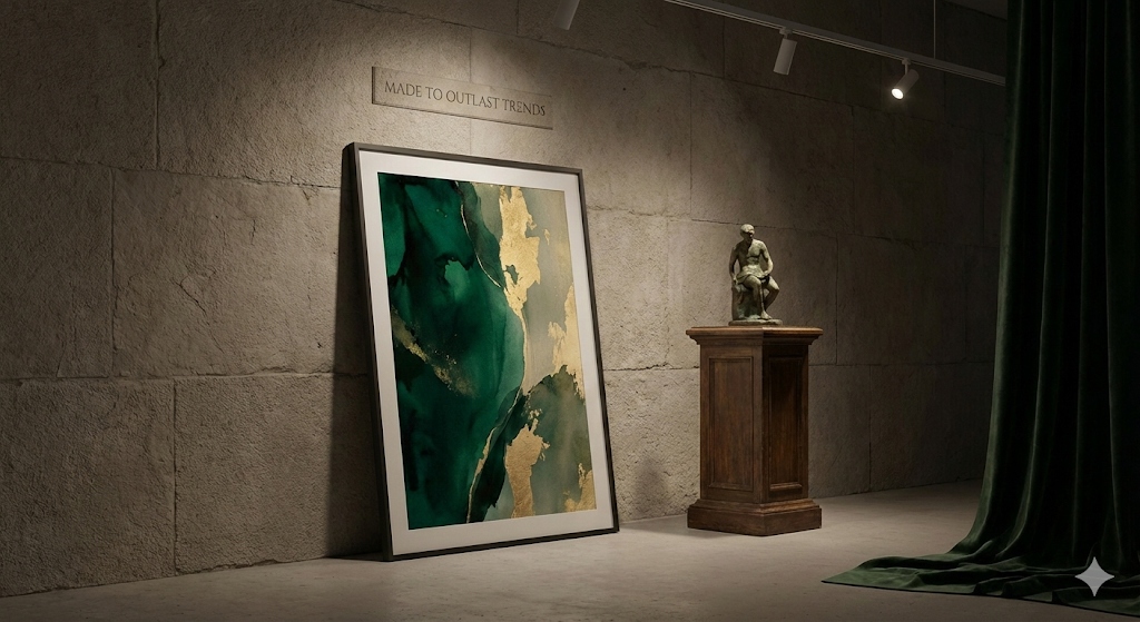 Art gallery setting with green abstract painting