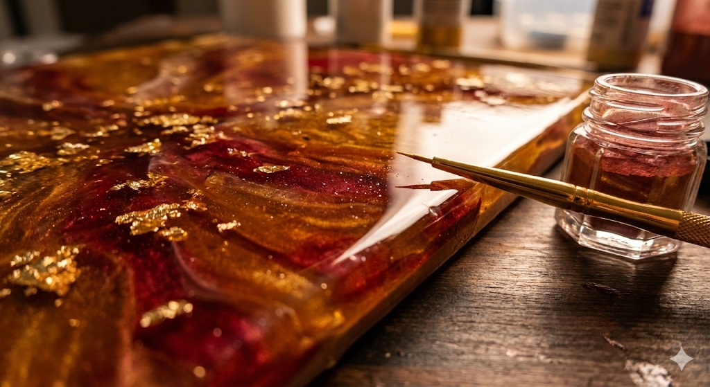 Rich gold and red textured fluid art close up